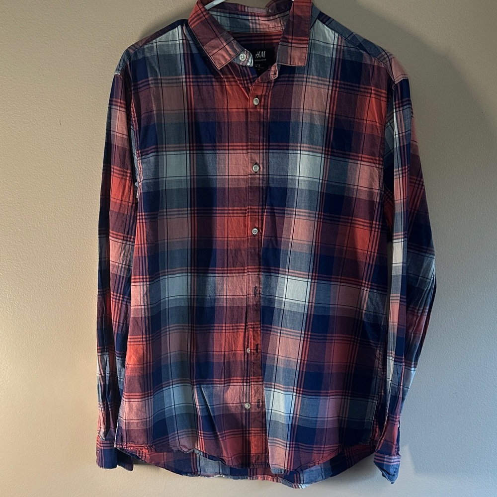 H&M Men's Casual Red and Blue Checkered Shirt
